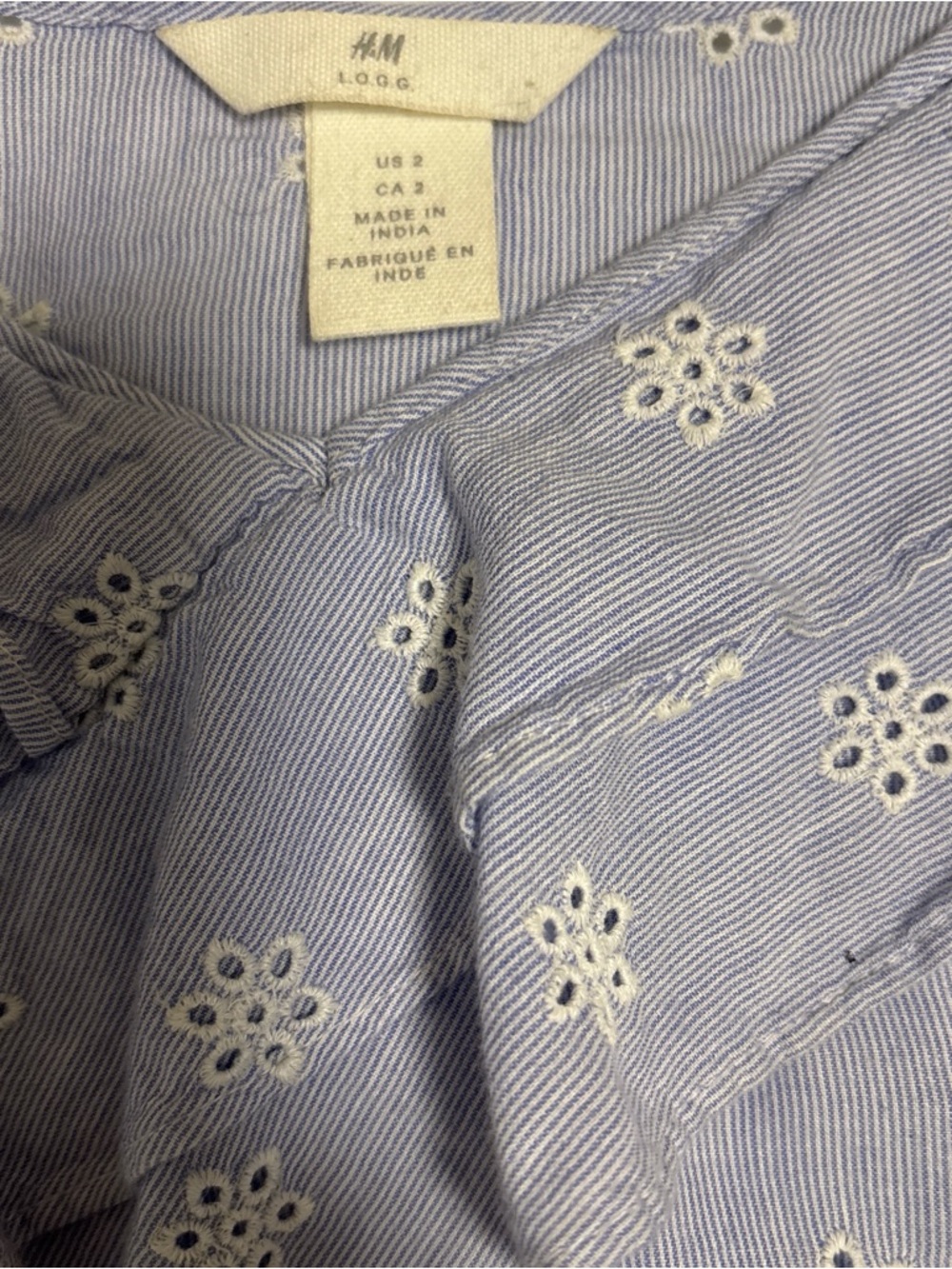 H&M 100% Cotton Light Blue Striped blouse with White Eyelet Flowers